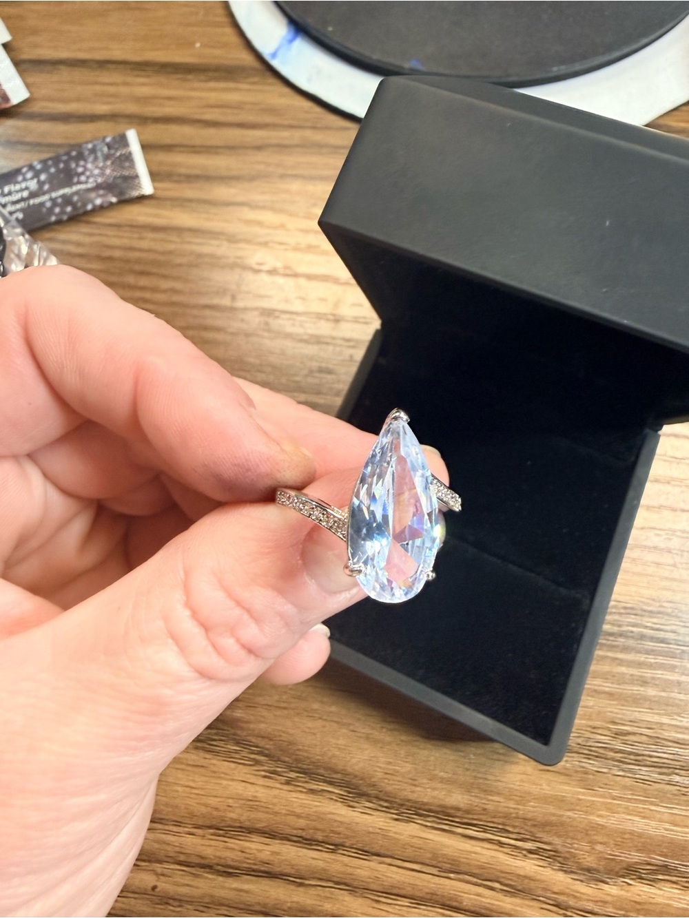 New Pear Teardrop 6K Moissanite VVSD on Sterling Silver setting size 8